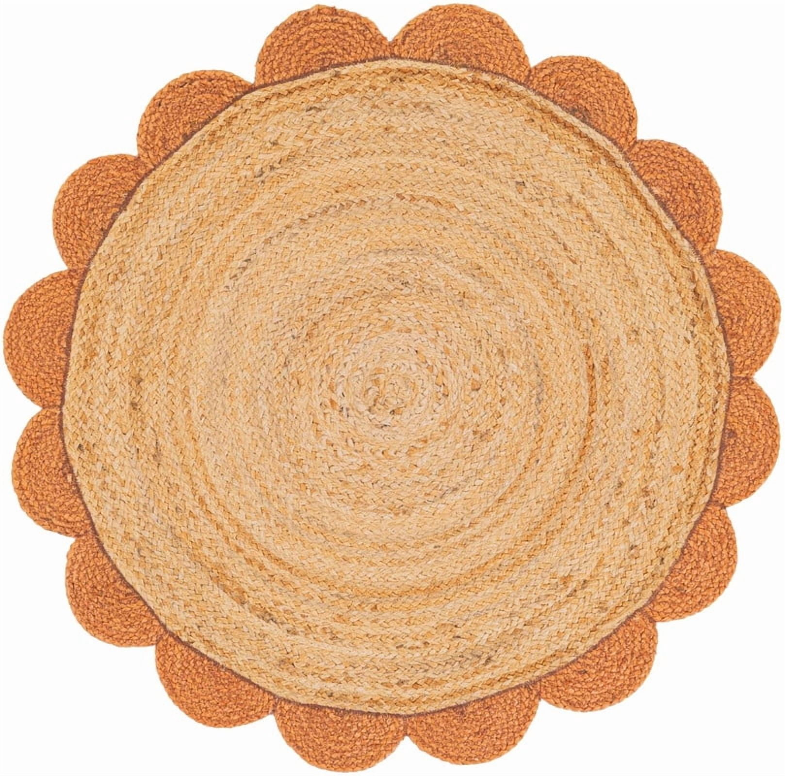 2 Ft Round Orange & Natural Jute Premium Scalloped Jute Rug | Boho scalloped rug for Living Room | Bedroom | Kitchen | Hallway | Entryway