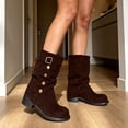 thumbnail image 2 of OKBOP Women's Faux-Suede Mid-Calf Slouch Boots, Fold-Over Shaft Studs Buckle Pull-On Round Toe Block Low Heel Boots Boots Sizes 38, 2 of 5
