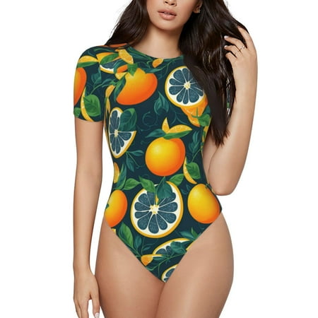 Gaeub Fresh Orange Print Women s Short Sleeve One Piece Swimsuit Sexy High-Waisted Bodysuit Bathing Suit for Swimming  Beach  Sports-Small
