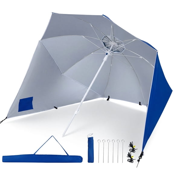 Costway 2-In-1 Beach Shelter Umbrella with 2 Side Panels, Sand Anchor, Fiberglass Ribs Blue