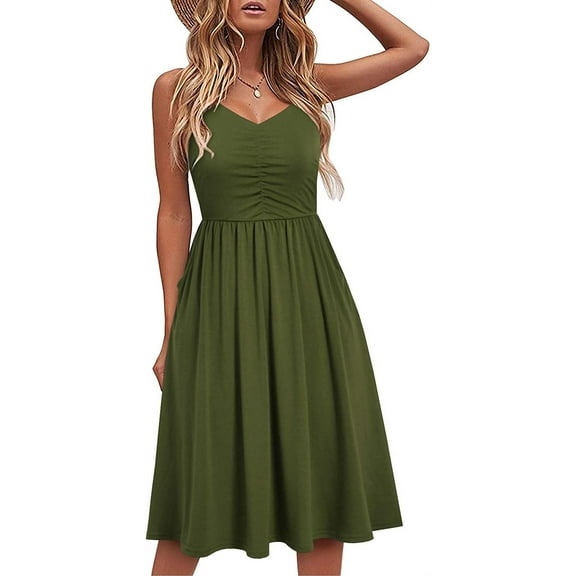 Casual Dresses for Women Sleeveless Cotton Summer Beach Dress A Line Spaghetti Strap Sundresses with Pockets
