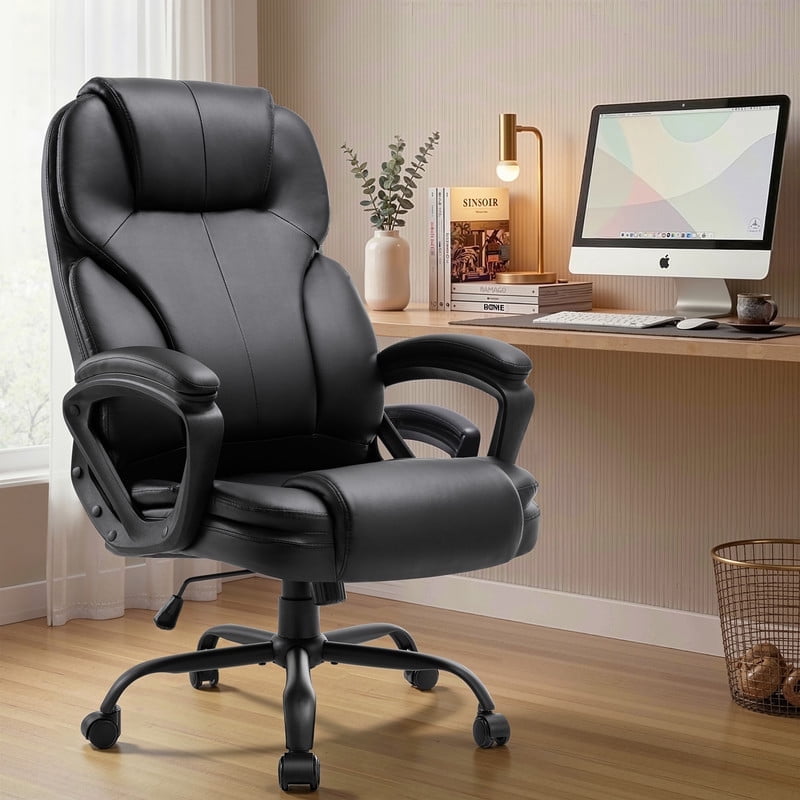 Walsunny Leather Chair, Big and Tall Executive Office Chair, High Back Ergonomic Desk Chair, Adjustable Leather Office Chair with Lumbar Support Black