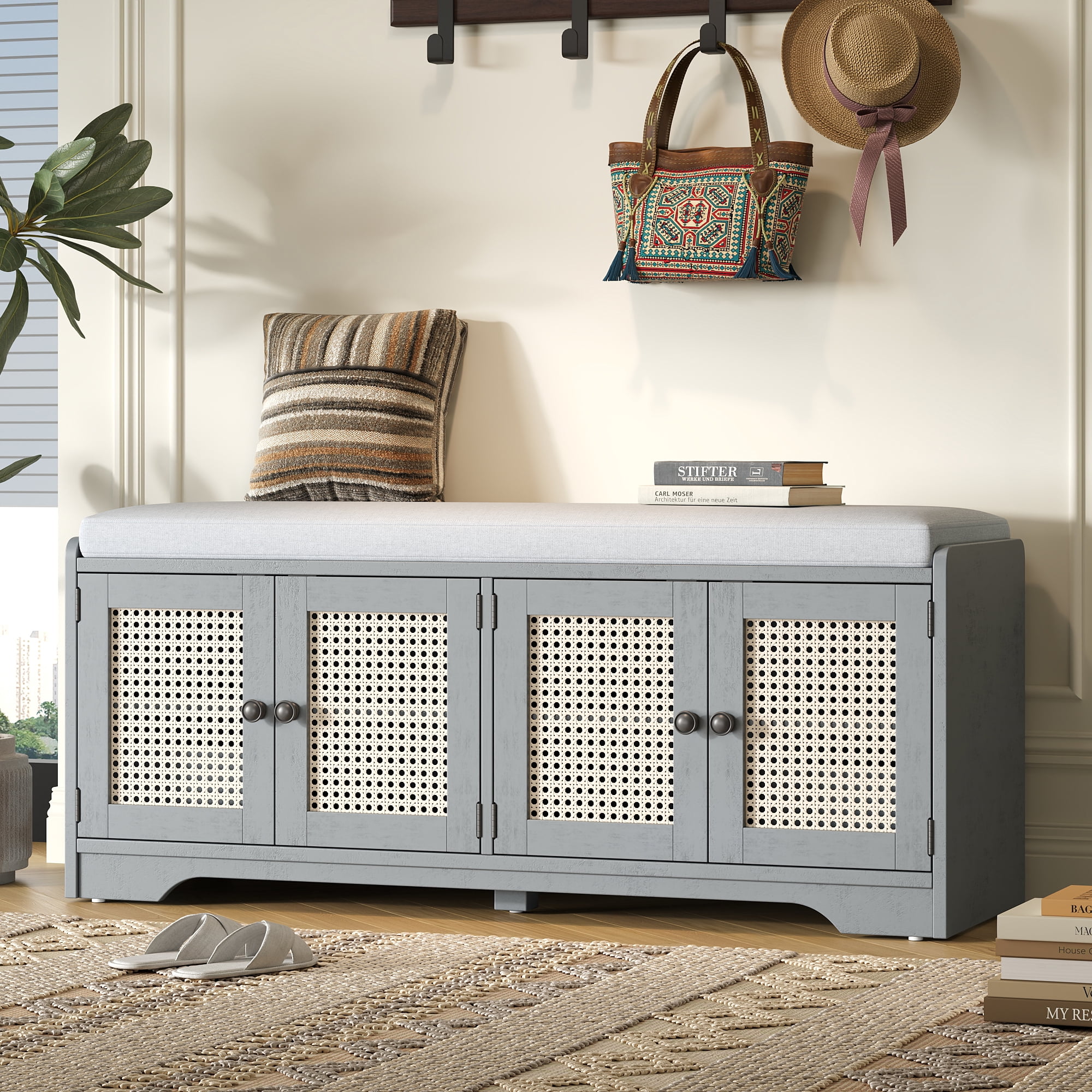 Euroco Multifunctional Storage Bench, Wood with Woven Rattan Doors, Gray