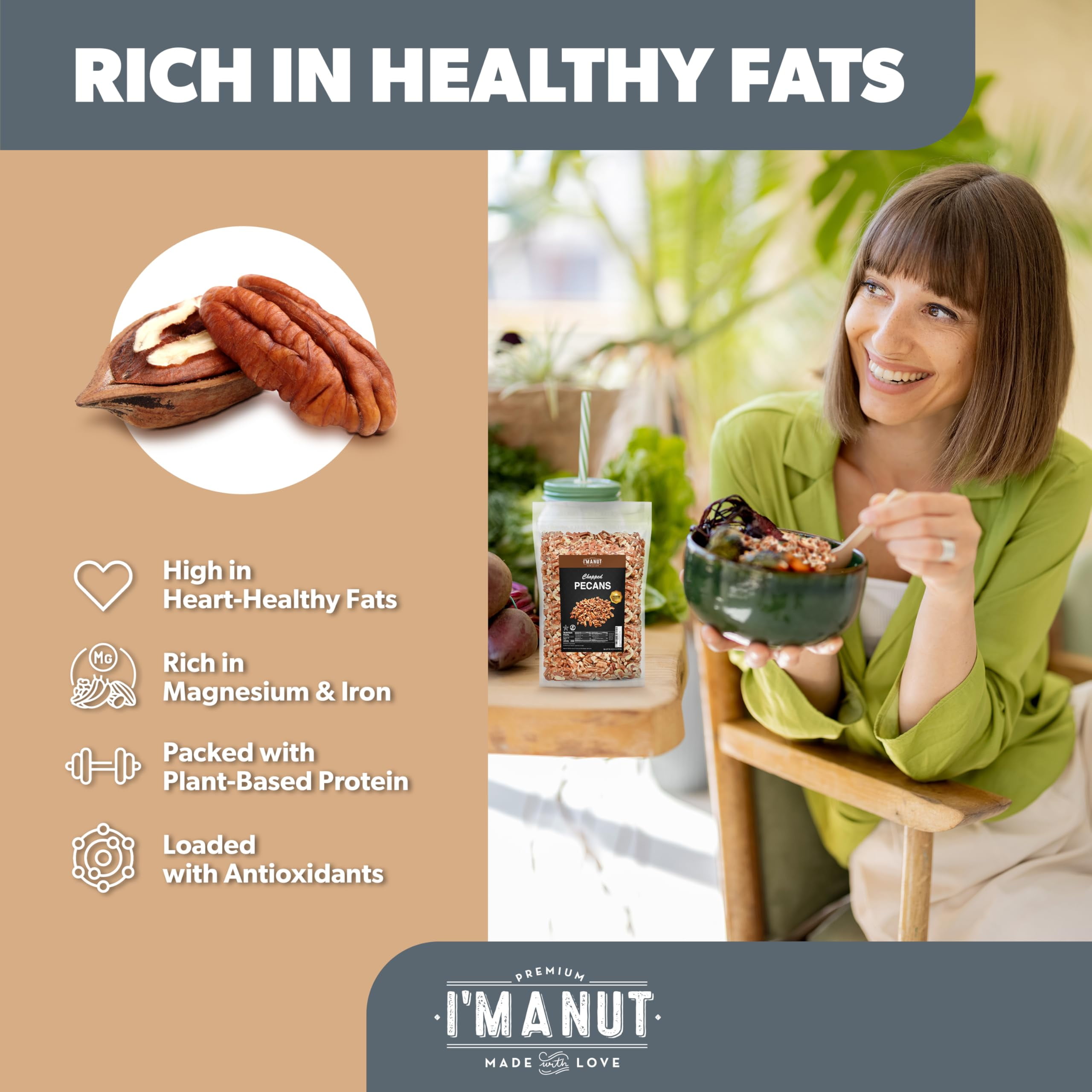 Pecans Pieces, 48 oz, American-Grown, Non-GMO, Batch Tested Gluten and Peanut Free Kosher I'M A NUT
