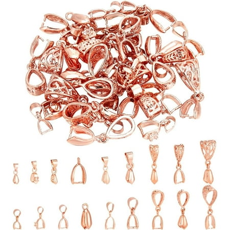 54pcs Brass Pick Pinch Bails 9 Styles Necklace Clap Hooks Bails Charms Tibetan Ice Pick Clip Pendant Bails Jewelry Pinch Clasp Bails Pendant Clasp for Earring Necklaces Making Rose Gold