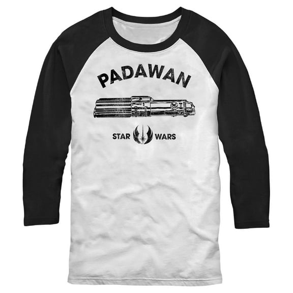 Men's Star Wars Distressed Padawan Lightsaber Baseball Graphic Tee White/Black Large
