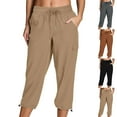 thumbnail image 2 of Yuanlook Women's Cargo Capris Pants,Drawstring Athletic Travel Casual Loose Comfy Cropped Pants with Pockets - Khaki - M, 2 of 9