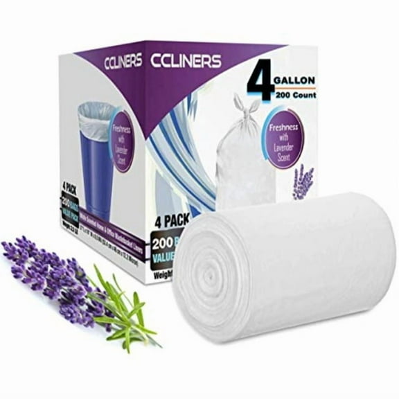 4 gallon Small Trash Bags Lavender Scented (200 Count) White Bathroom Garbage Bags 15 Liter Can Liners (200 Bags)