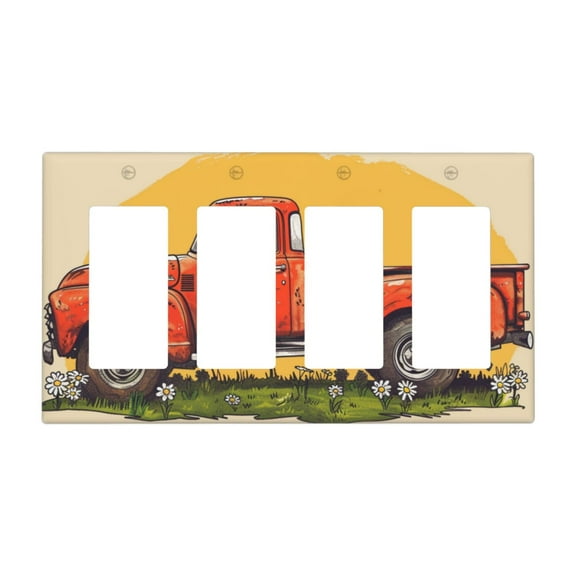 Hand Drawing Truck Daisies Switch Cover Decorative Wall Plate / 4-Gang 4-Decor / Standard Size 4.5x8 in