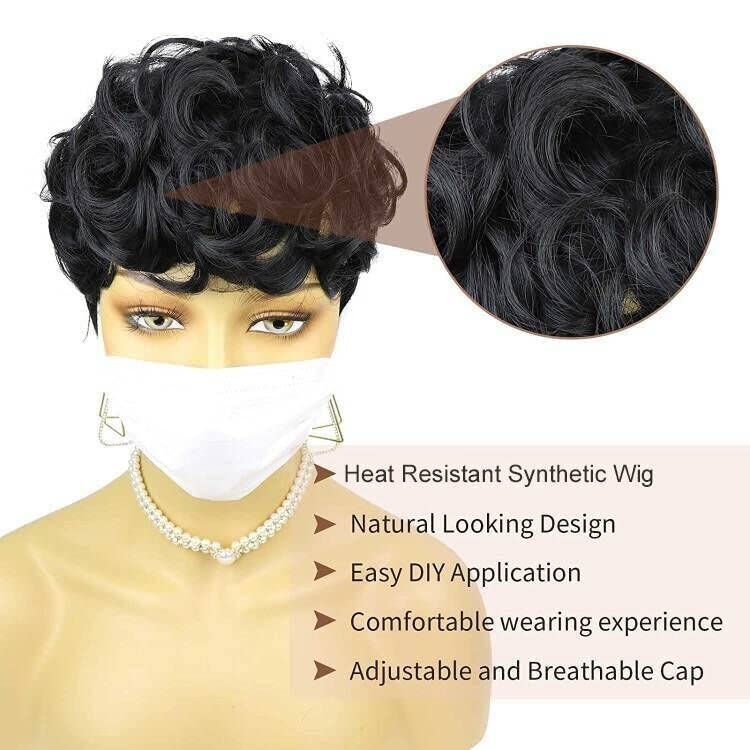 Short Wavy Curly Pixie Cut Wig Heat Resistant Synthetic Hair Daily Wear Short Wavy Synthetic Hair Wig Pixie Cut Curly Wig with Bangs  main image 2
