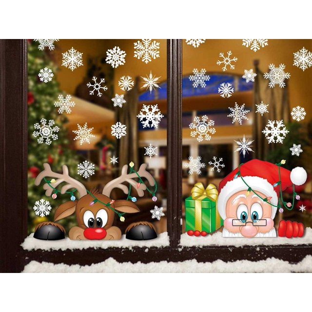 Pegatinas de copo de nieve de Navidad Pegatinas de ventana DIY Papá Noel Lindo Reno Pegatina de vidrio Pegatinas decorativas estáticas reutilizables extraíbles para el hogar / Tienda