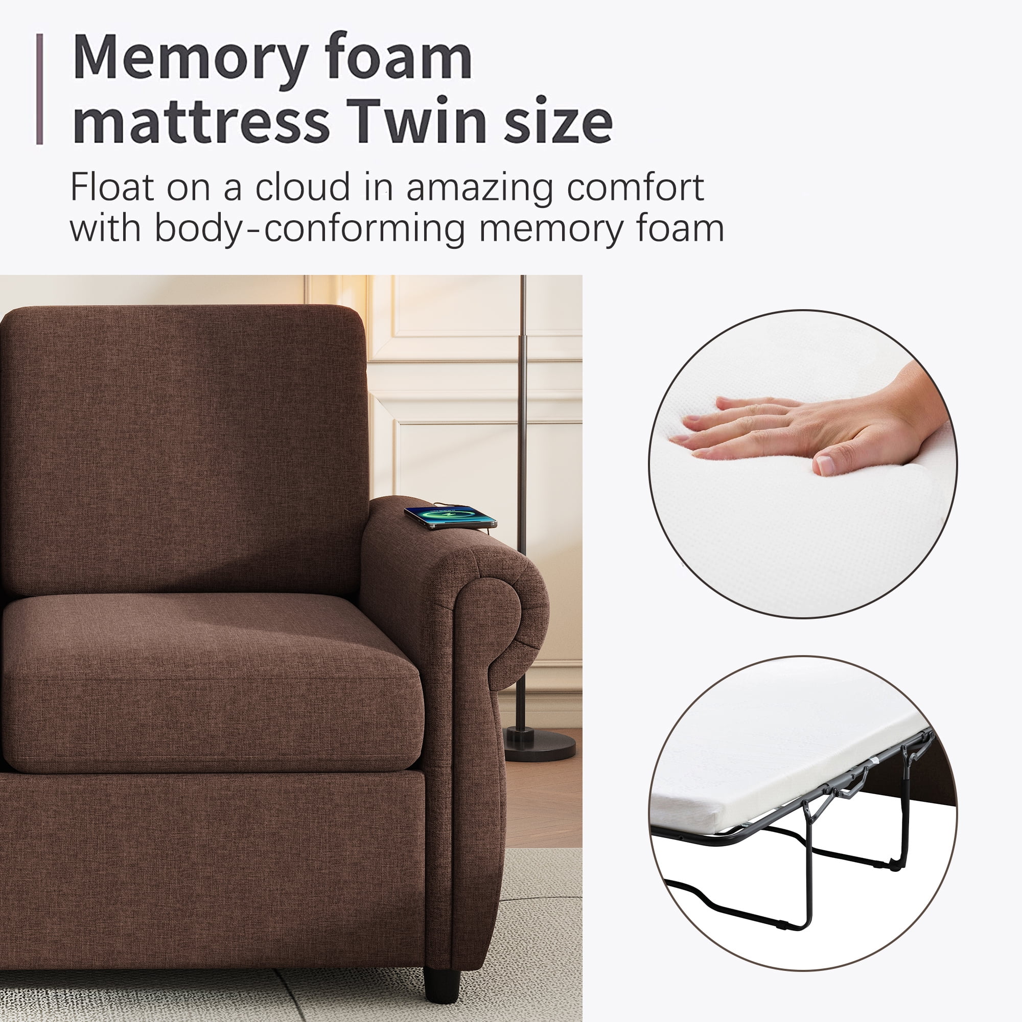 Harper & Bright Designs Pull Out Couch Bed with Memory Mattress, Twin Size Convertible Sofa Bed with USB Ports, Loveseat Sleeper for Living Room Apartment, Brown