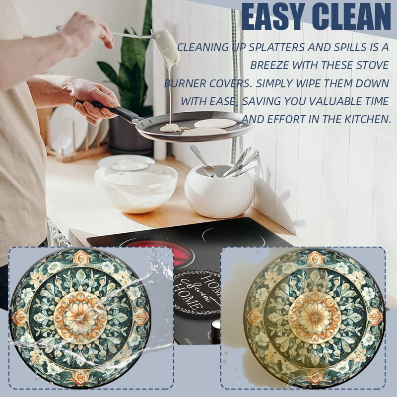 Round Electric Stove Burner Covers, Vintage Boho Intricate Floral Print 4Pcs Top Covers for Electric Stove Burner for Kitchen Decoration, 8 Inches and 10 Inches