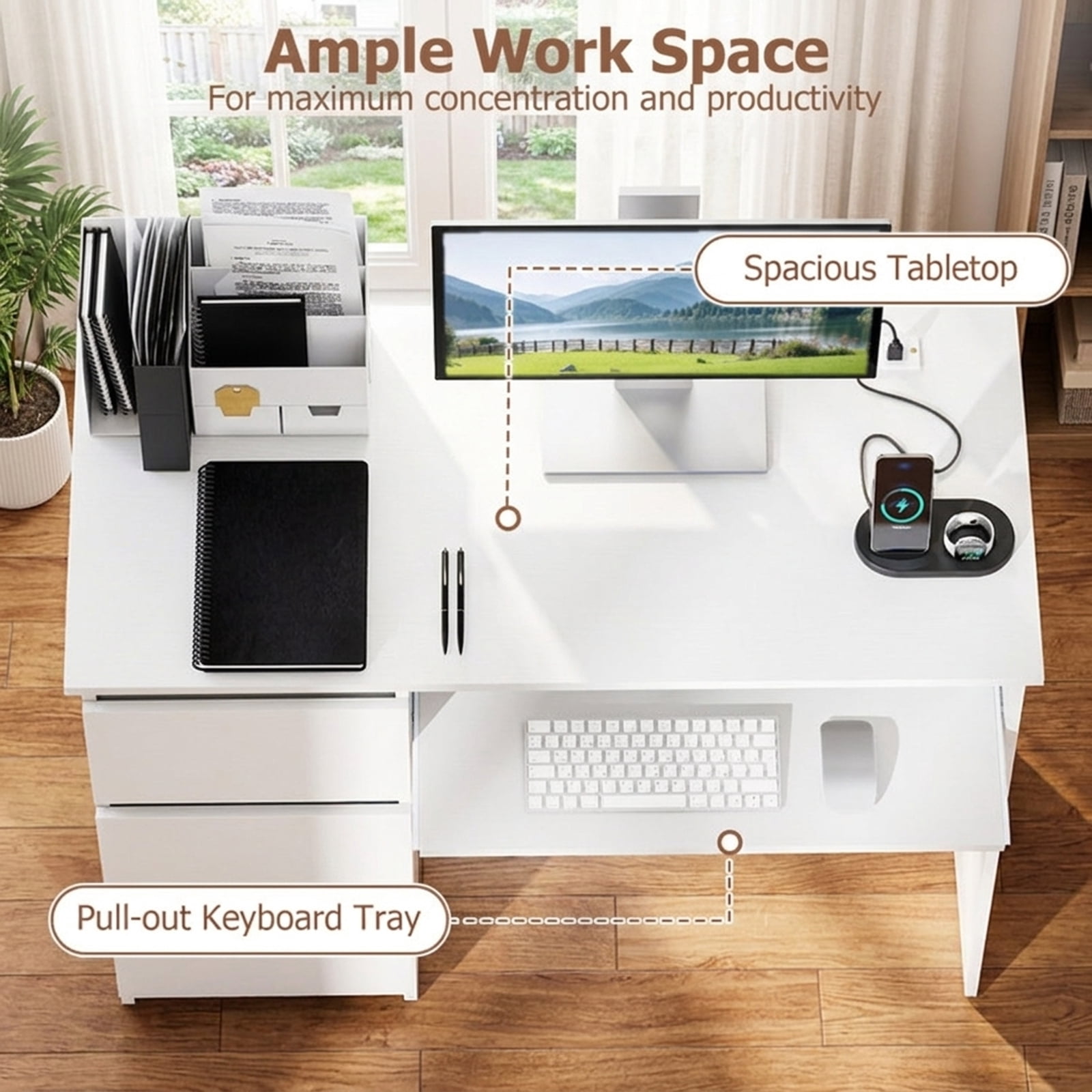 Furnibear Computer Desk with Power Outlet Keyboard Tray and 3 Large Drawers, White