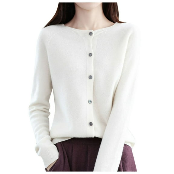 Fiaer Women Sweaters Button down Plus Size Crew Neck Long Sleeve Solid Color Trendy Warm Stretchy Fall Knit Tops White XL