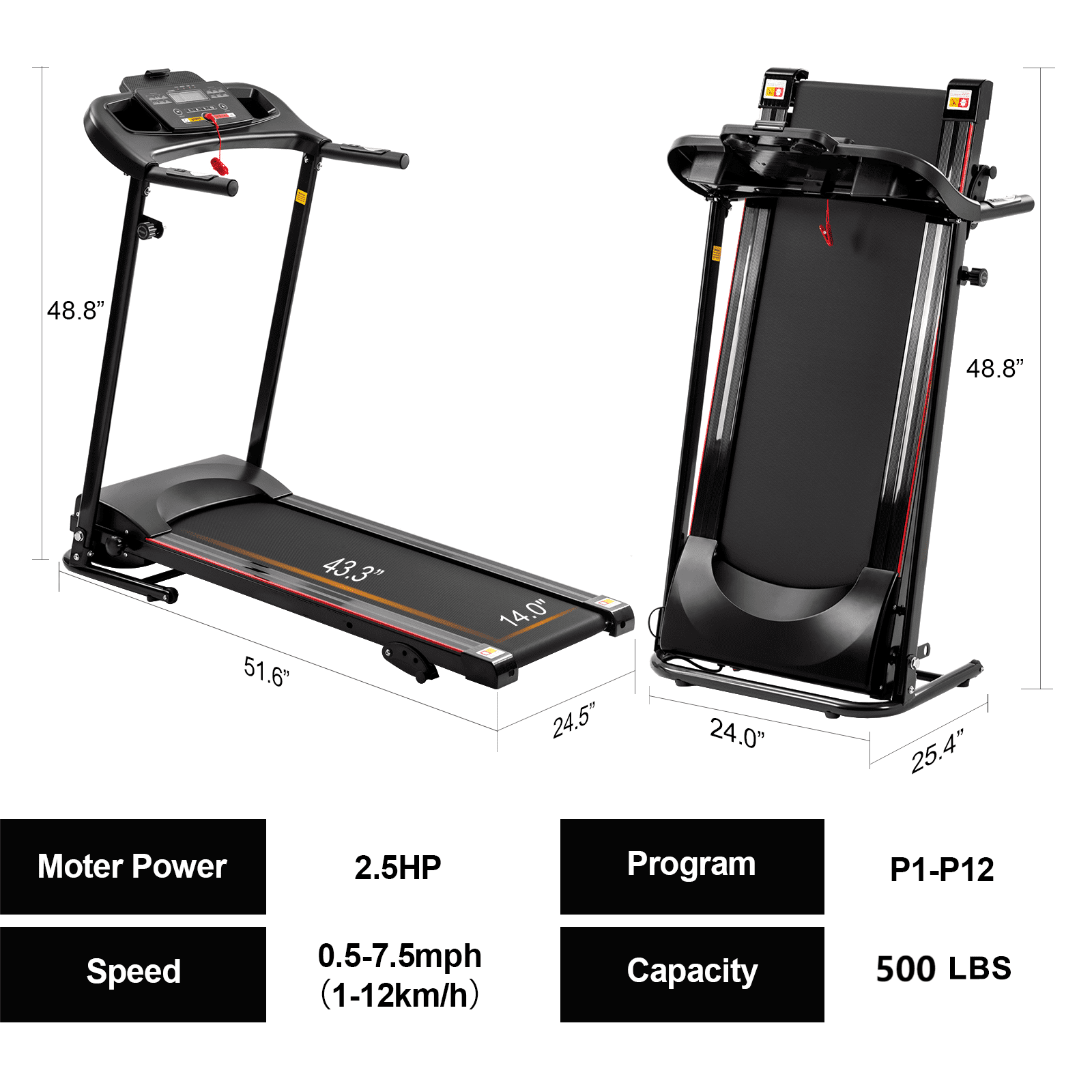 EUROCO 2.5HP Electric Treadmill with Incline 51.6" Longer Running Walking Jogging Machine,500LBS Walking Treadmill with Bluetooth Music & APP and 7.5MPH Speed for Home Office