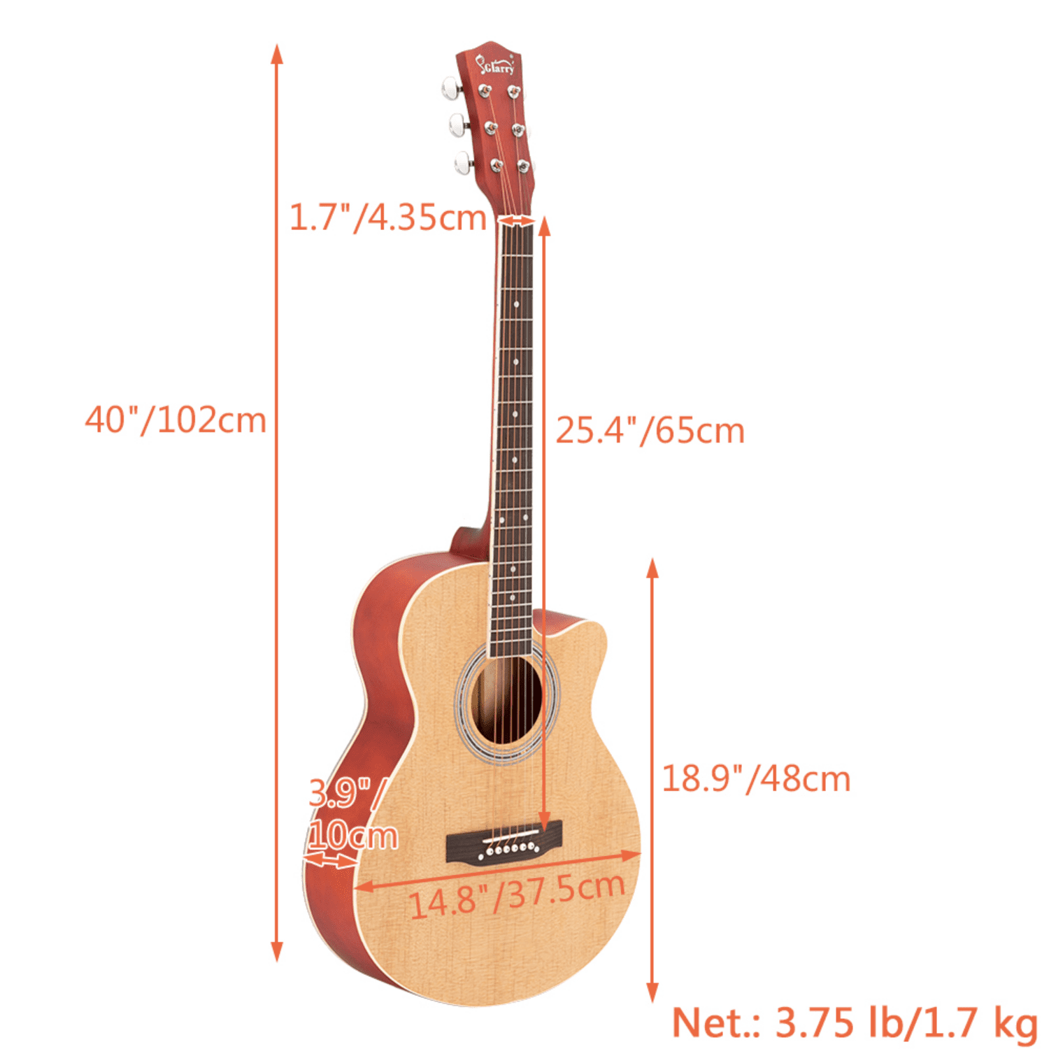 Hassch 40 inch Beginner Acoustic Guitar, Starter Set with Bag, Guard Board and Wrench Tool, Burlywood
