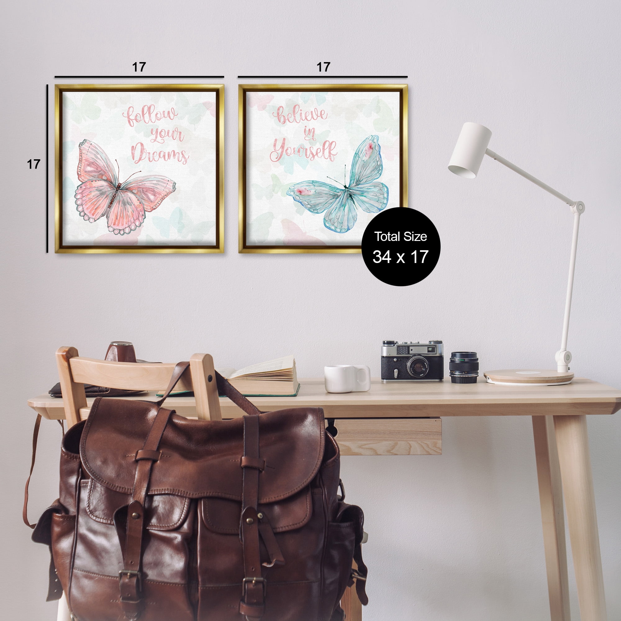 Stupell Industries Believe In Dreams Butterflies Animals & Insects Painting Gold Floater Framed Canvas Art Print Wall Art, 18 x 18, Set of 2