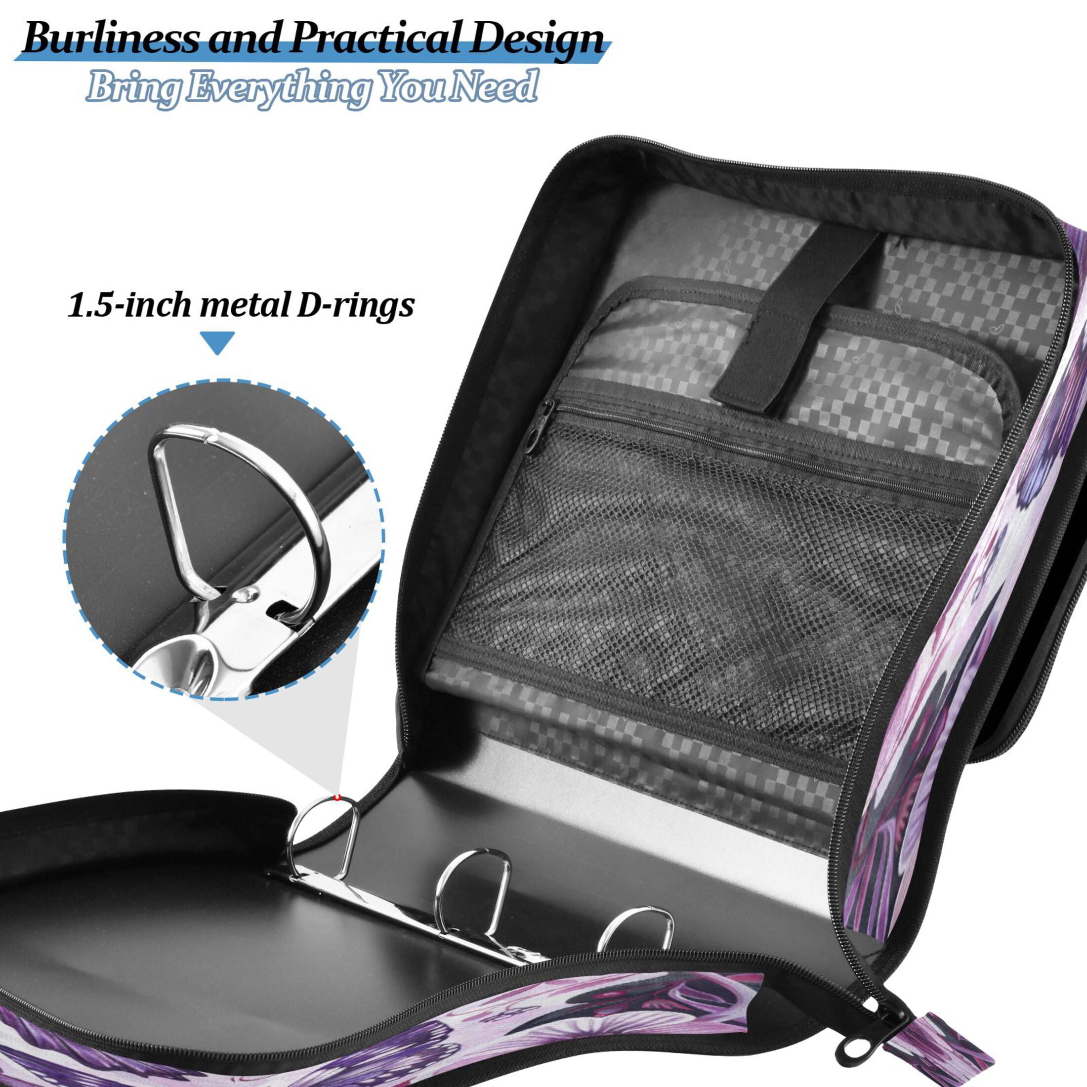 YAZAOO Zipper Binder trapper keeper Documents Organized Design Purple Blossoms and Butterflies Printed
