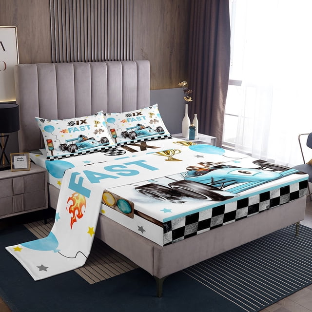 Six Fast Birthday Decor Bed Sheets Set Happy 6Th Birthday Decorations Sheet Set For Boys Blue Race Car Checkerboard Sheets Checkered Flags Racing Wheel Birthday Gifts Bedding Set Queen