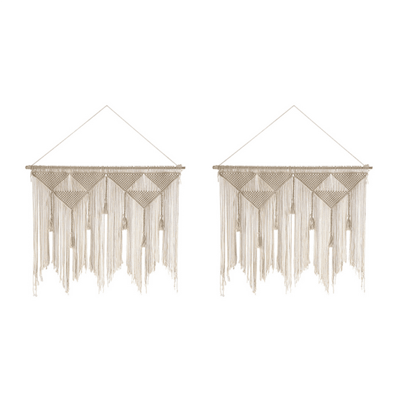 2X Macrame Wall Hanging Boho Woven Tapestry, Beige White Decor Curtain Backdrop(Wood Stick Not Included)
