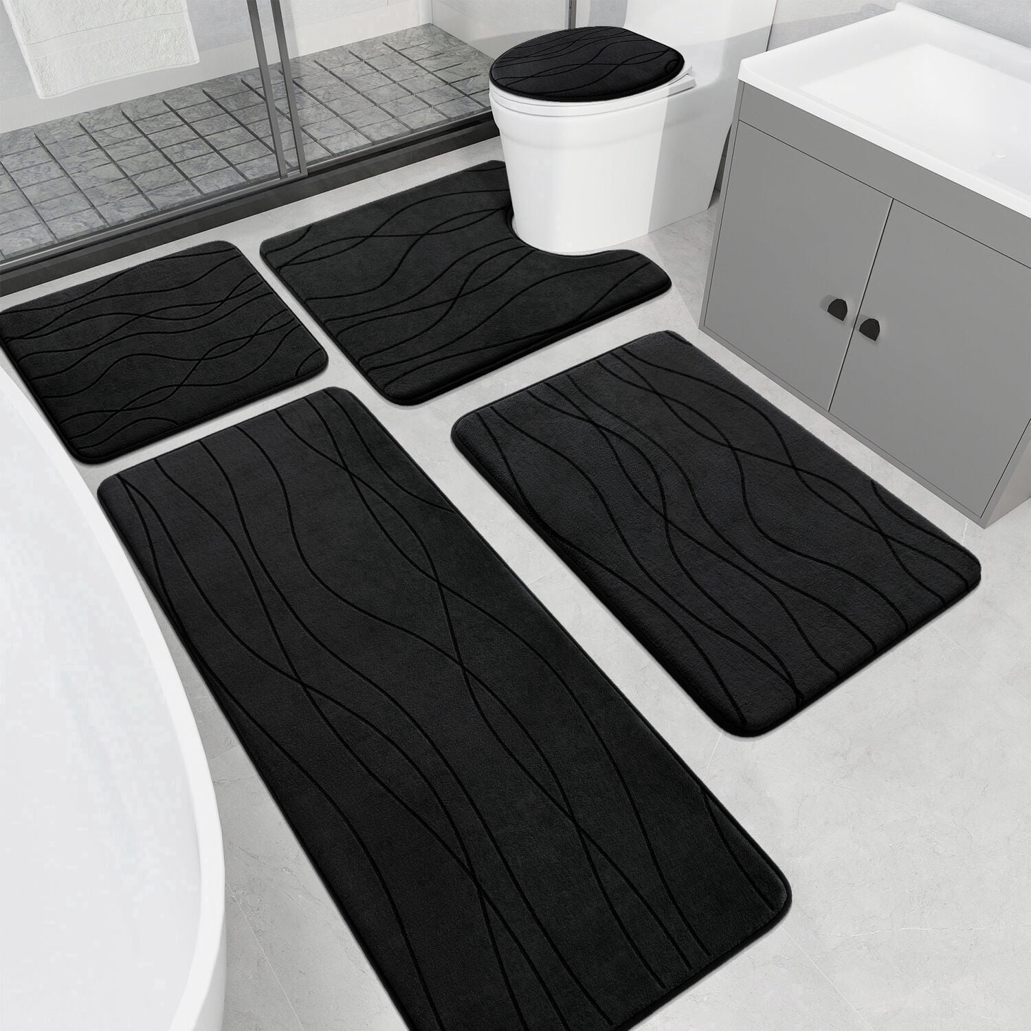 ChakmeOne Bathroom Rugs Sets 5 Piece, Black Bathroom Rug Soft Absorbent Microfiber Bath Mats and U-Shaped Contour Toilet Rug, Non-Slip Machine Wash Dry for Floor Tub and Shower