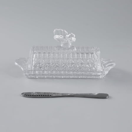 HAWOK Glass Butter Dish with Lid Easy Grip Handle and knife