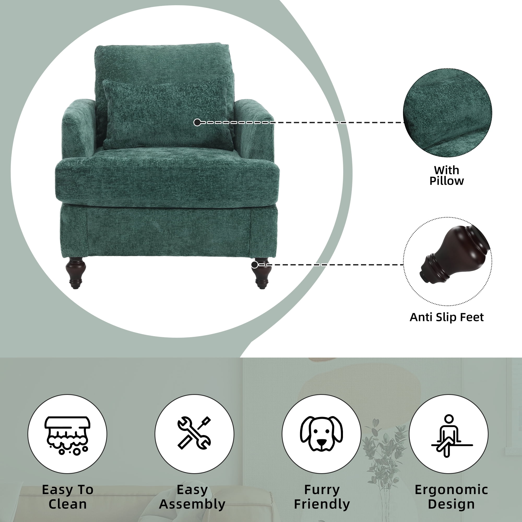 MOONMISS Modern Accent Chair, Wood Frame Upholstered Chenille Arm Chair, Comfy Small Single Couch For Living Room, Bedroom,Office Room Emerald