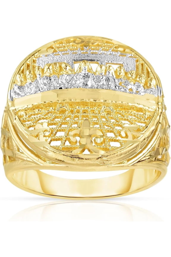 10k Yellow Gold and White Gold Round Last Supper Textured Ring
