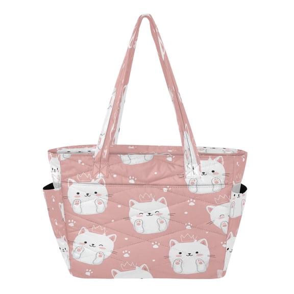 Quilted Tote Bag Large Capacity Multi-Compartment Handbag Lightweight Structured Shoulder Bag Versatile Casual Bag Kawaii White Cats