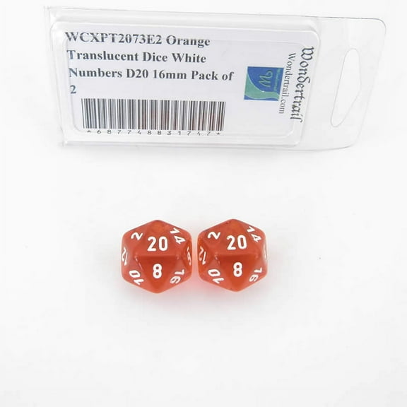 Orange Translucent Dice with White Numbers D20 Aprox 16mm (5/8in) Pack of 2 Wondertrail
