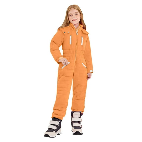 SGFCWSX Girls Ski Suits Kids Winter Snow Overall Padded Warm Solid Color Snowsuit Orange Size 7-8 Years