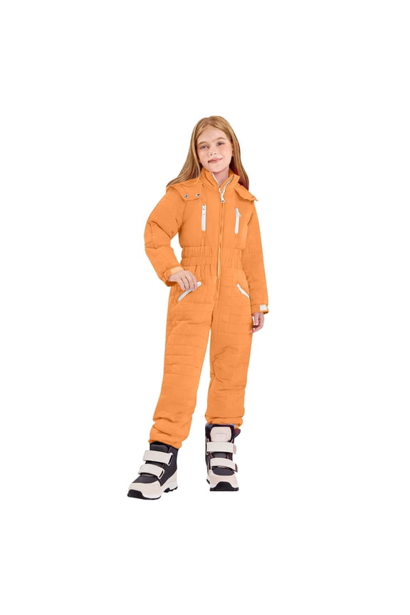 Boys Girls One Piece Snow Suits Waterproof Windproof Thermal Hooded Jackets Outdoor Ski Snow Play Siamese Onesie 2025 Fashion Overalls Orange,13-14Years