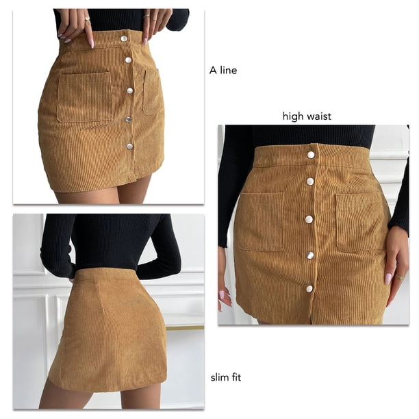 Falda Mujer Pana Mini Falda Corta Una Línea Cintura Alta Slim Fit Botón Con Bolsillos Para Otoño Invierno