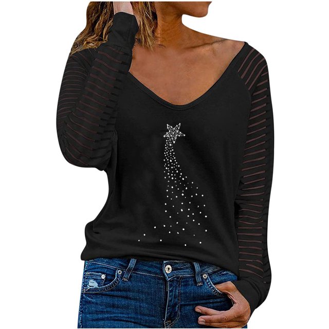 Camiseta de manga larga con cuello en V para mujer a la moda, blusa suelta con estampado de otoño Fridja bvmnju4453