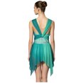 thumbnail image 2 of SiiRoh Womens Rhinestone Lyrical Dance Dress Color Block Mesh Ruched Twisted Knot Irregular Hem Sleeveless Leotard Dress Green XL, 2 of 7