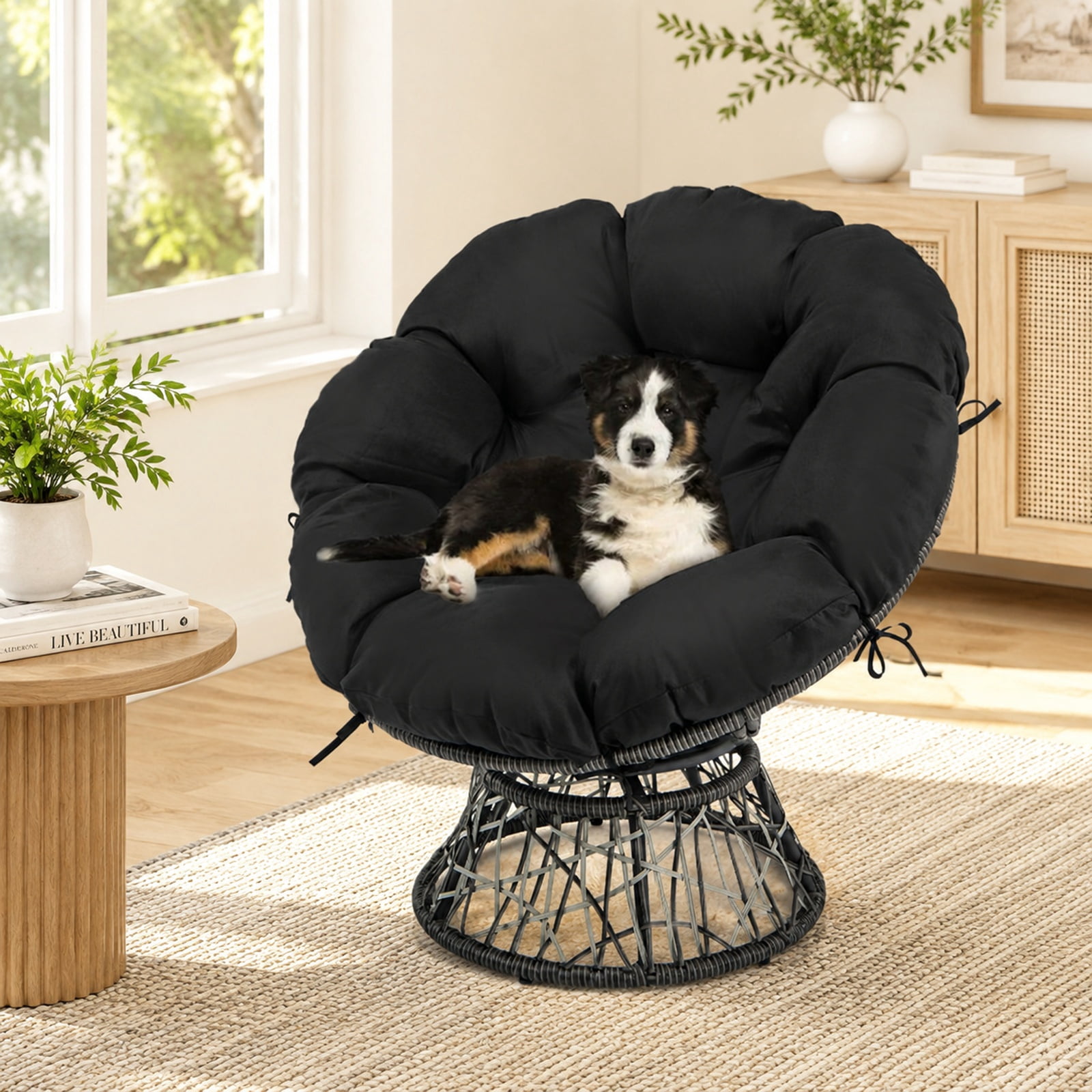 Furnibear PE Wicker Papasan Chair with Thick Removable Cushion 360 Degree Swivel Base and Metal Frame for Living Room and Sunroom, Black