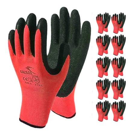Safety Work Gloves with Latex Rubber Coating, Non-Slip Grip, Breathable and Washable, Pack of 10 Pairs (Red, Small)