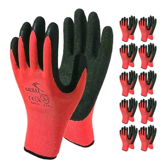 Safety Work Gloves with Latex Rubber Coating, Non-Slip Grip, Breathable and Washable, Pack of 10 Pairs (Red, Small)