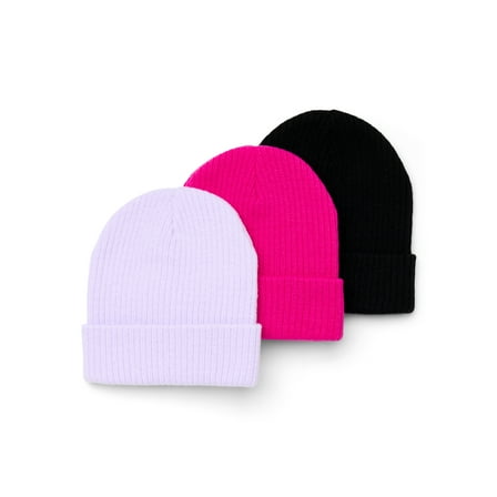 Wonder Nation Girls Ribbed Knit Beanie Hat, 3-Pack