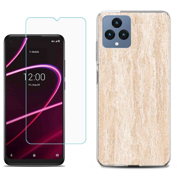 Slim-Fit Gel TPU Fashion Phone Case for T-Mobile Revvl 6 5G, with Tempered Glass Screen Protector, by OneToughShield ® - Marble/Coffee Tone