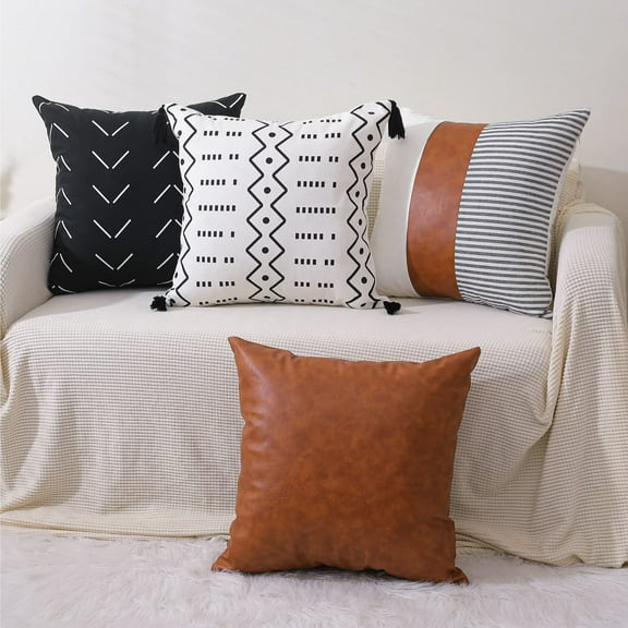 Boho Throw Pillow Covers 18 x 18 Set of 4, Modern Geometric Farmhouse Pillowcases Black and White Faux Leather and Linen Cushion Case for Home Couch Decor