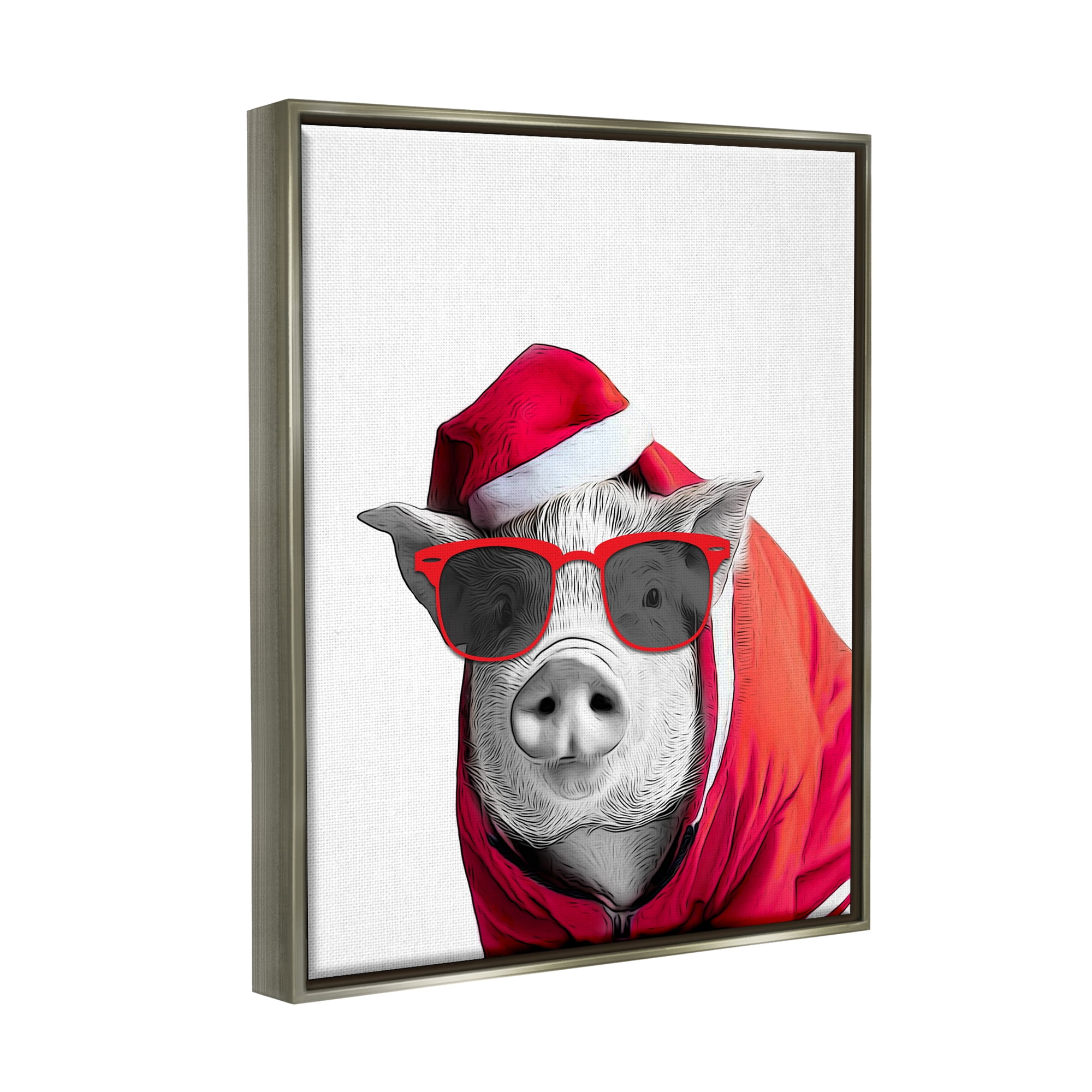 Stupell Industries Pig in Holiday Clothes Holiday Painting Gray Floater Framed Canvas Art Print Wall Art, 25 x 31