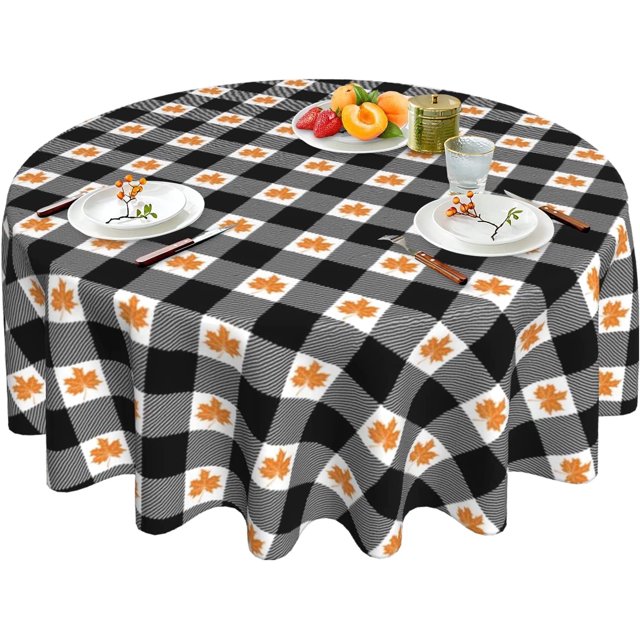 Fall Plaid Tablecloth Black and White Checkered Tablecloth Round 60 Inch Reusable Autumn Maple Leaf Tablecloth for Holiday Party Dinner Dining Table Decor