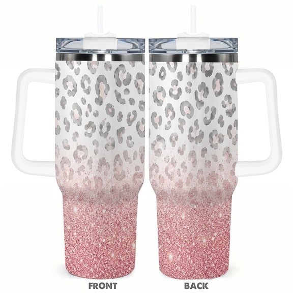 40oz Tumbler with Handle Pink shimmer-inspired printed Leopard Print Travel Cup Stainless Steel Insulated Car Cup Coffee Cup Gift