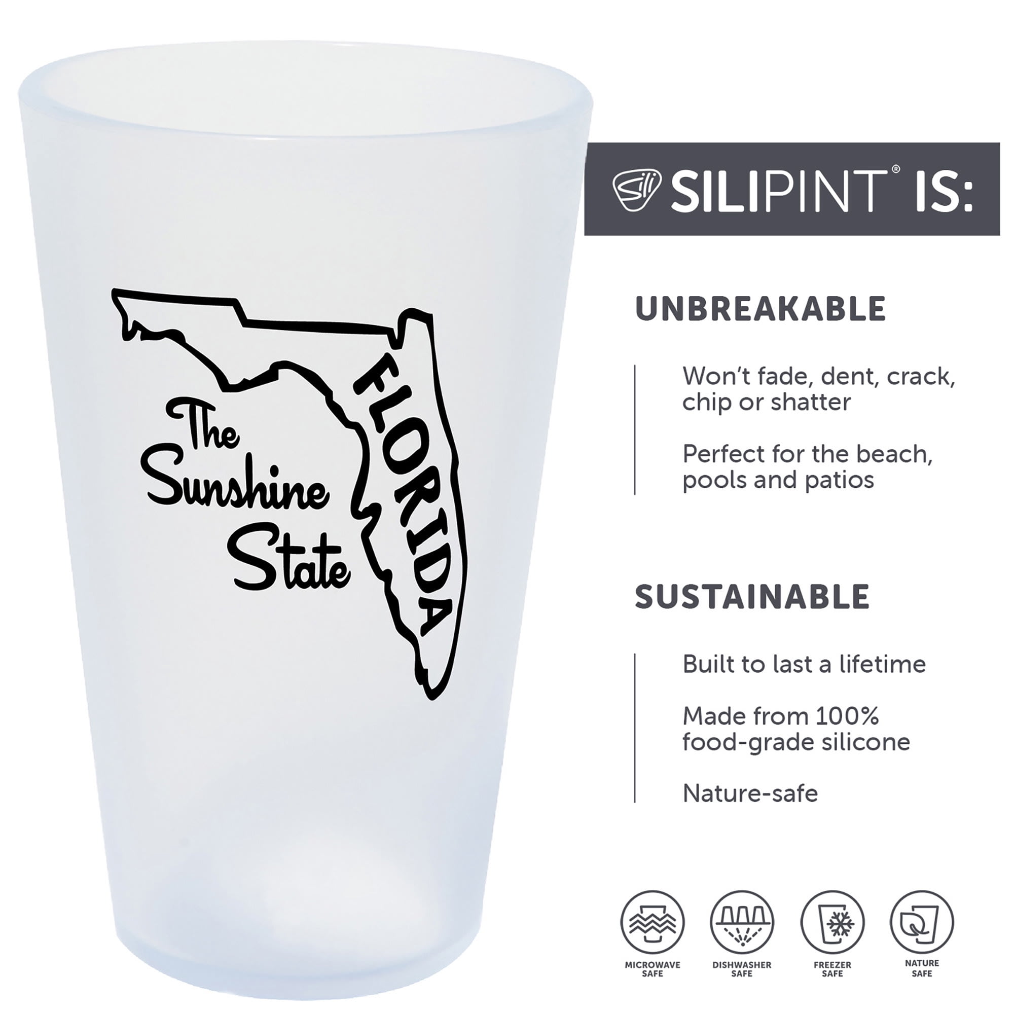 Silipint: State Pint Glasses 16oz: 2 Pack - Florida - Icicle Silicone Cups, Unbreakable, Hot & Cold Drinks, Dishwasher-Microwave-Freezer-Oven Safe