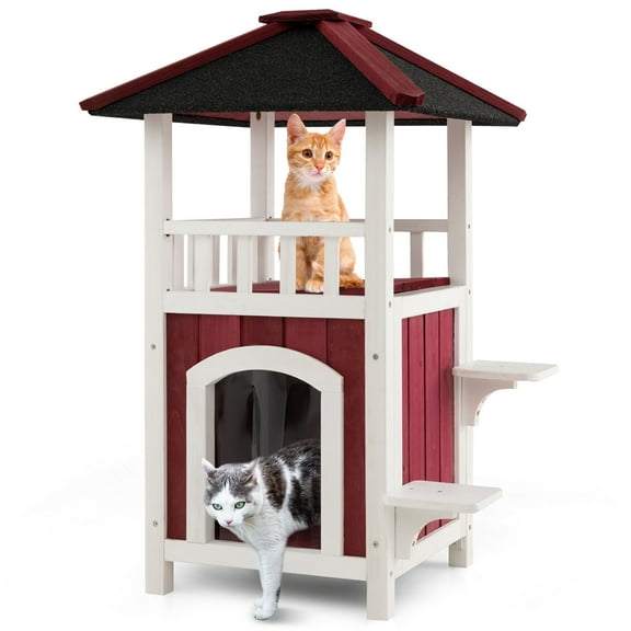 Costway Outdoor Cat House 2-Story Wooden Cat Shelter with Asphalt Roof Removable Floor