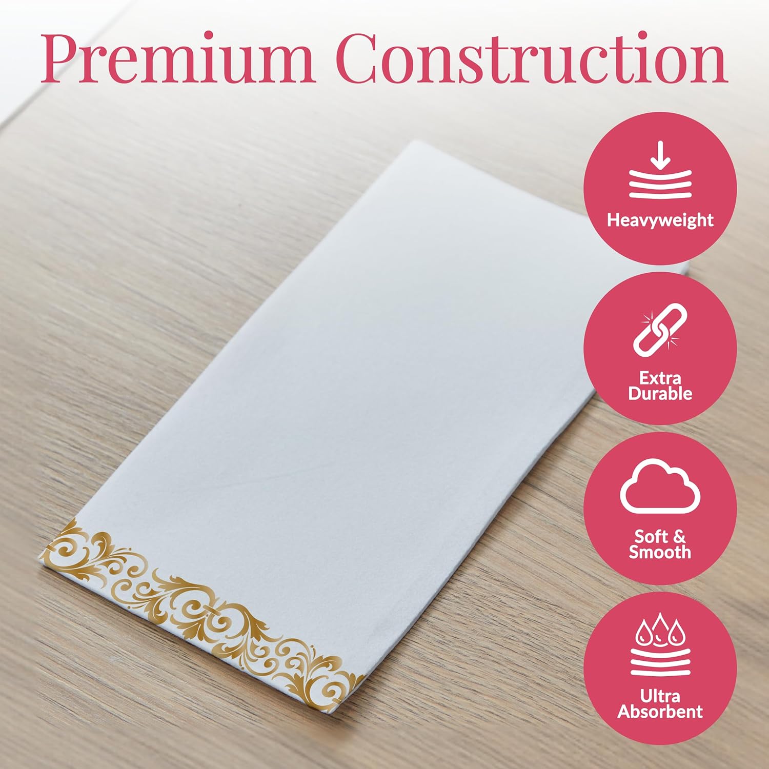 200 Pack Disposable Paper Guest Towels for Bathroom, 2-Ply - Elegant Linen Feel Paper Napkins - Absorbent Decorative Guest Towels for Bathroom, Wedding, and Party Use - (White and Gold)​
