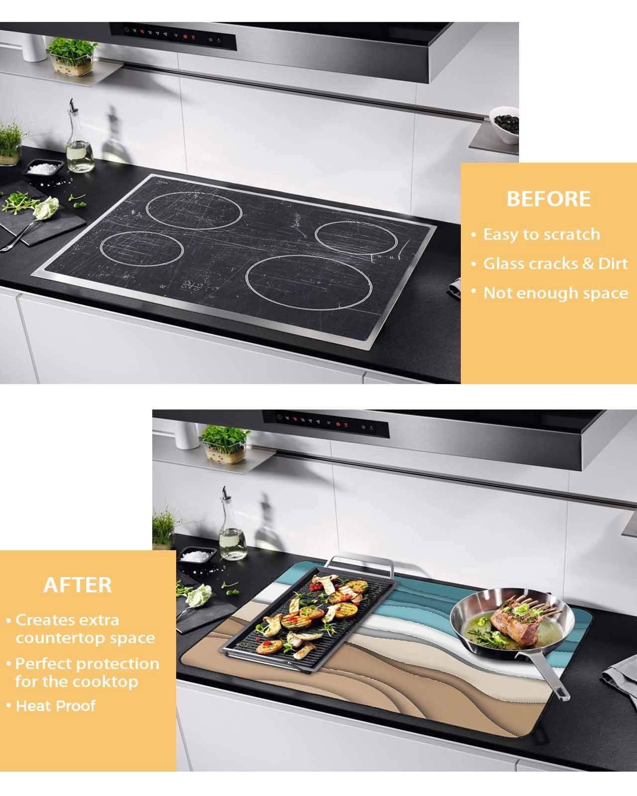 nqOlkjepod Large Induction Cooktop Protector Mat 24"x21", Teal Brown Ombre Stove Top Covers for Electric Stove, Modern Abstract Moire Aesthetics Stove Burner Cover Mats, Glass Top Stove Cover