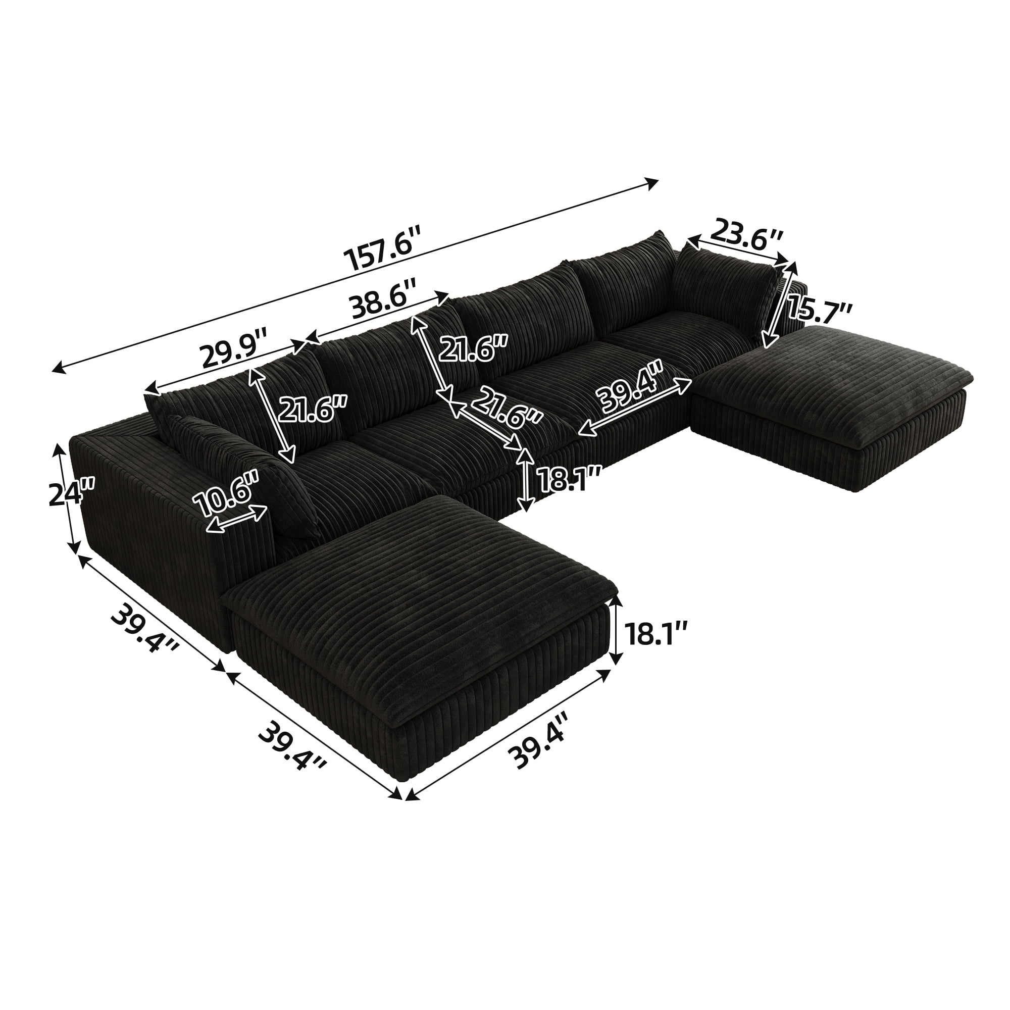 MAYEERTY 157.6" Cloud Sofa Black Corduroy Deep Seat Double-Layer Removable Cushion No Assembly Multi-Rooms